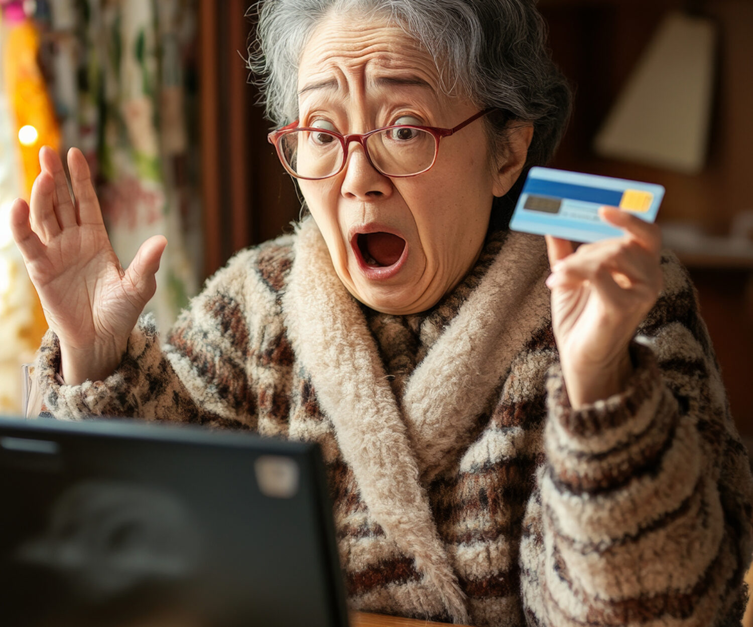 Senior Japanese woman sitting at a kitchen table, credit card and laptop in front of her, looking panicked as she stares at the screen.