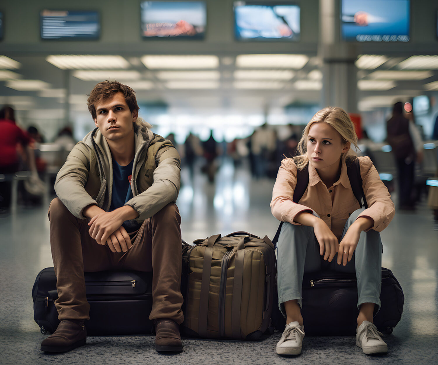 Passenger couple waiting for delayed flight